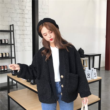 もこもこカーディガン ボア 韓国ファッション レディース カーディガン アウター 暖かい フェイクムートン ドロップショルダー ボアジャケット 大きいポケット (DCT-604923682357)