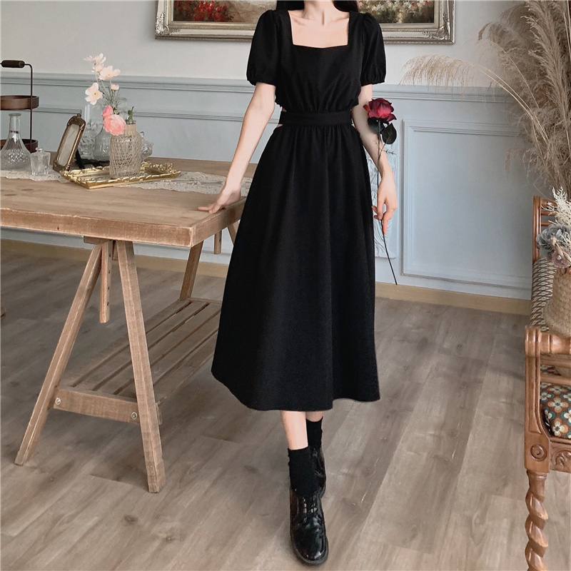 サイドオープン ワンピース スクエアネック パフ袖 薄手 ハイウエスト