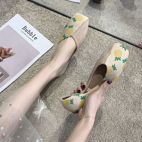 パンプス フルーツ柄 フラットシューズ ぺたんこ 韓国ファッション レディース シンプル フラットパンプス シューズ いちご柄 パイナップル柄 チェリー柄 かわいい 610995457990