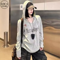 フーディー レタリングプリント ロンT Vネック 薄手 パーカー トップス カットソー ゆったり 長袖 レトロ 大人可愛い ガーリー ストリート女子 カジュアル DTCA-982467900127