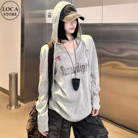 フーディー レタリングプリント ロンT Vネック 薄手 パーカー トップス カットソー ゆったり 長袖 レトロ 大人可愛い ガーリー ストリート女子 カジュアル DTCA-982467900127