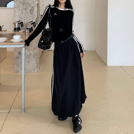 セットアップ サイドライン ロゴ トップス ロングスカート スリムフィット ロンT 長袖 レトロ 韓国ファッション レディース スポーツミックス カジュアル DTC-827098089125