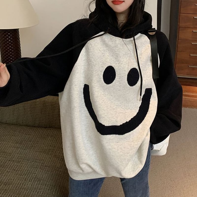 パーカー 裏起毛 プルオーバー オーバーサイズ バイカラー スマイリー