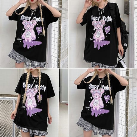 【2カラー】 ユニセックス Tシャツ 半袖 Sleepy Teddy オーバーサイズ カジュアル 韓国ファッション メンズ レディース 韓国ストリートファッション DTC-643729129197