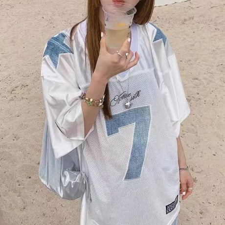 Tシャツ ユニフォーム風 Vネック ナンバリング ロゴ ドロップショルダー トップス 半袖 オーバーサイズ ビッグシルエット レトロ カジュアル ストリート女子 DTCA-950630332965