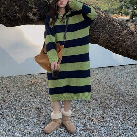 ボーダー柄 フード付きニットワンピース ロング丈 ニット 長袖 ゆったり レトロ 韓国ファッション レディース 大人可愛い ガーリー カジュアル DTC-664604666382