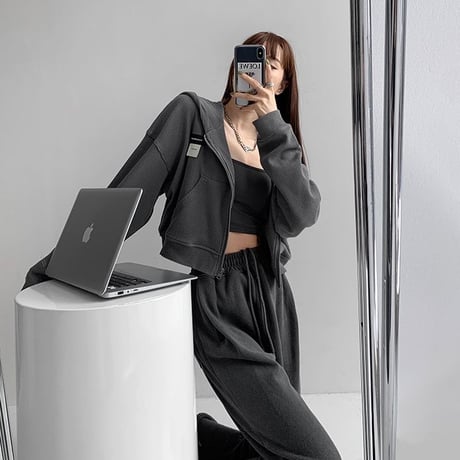 ジップアップ パーカー ショート丈 薄手 トップス ワッフル フーディー ロゴ ルーズ 長袖 レトロ 大人可愛い ガーリー カジュアル DTCA-687492803000