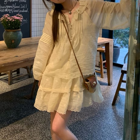 フェイクレイヤード ワンピース レース フリル ミニワンピース ゆったりウエスト Aライン 長袖 レトロ 韓国ファッション レディース 大人可愛い ガーリー DTC-769341141605