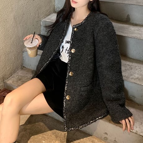 ノーカラー ウールジャケット ショートコート フェイクラムウール ウールコート アウター 長袖 レトロ 韓国ファッション レディース 大人可愛い ガーリー DTC-751959541236