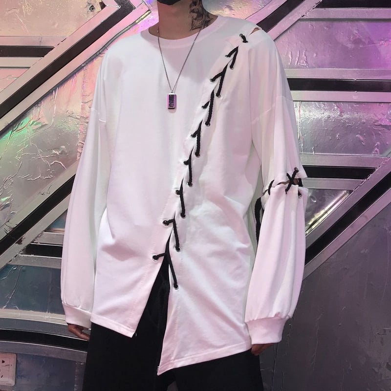 ユニセックス Tシャツ 長袖 オーバーサイズ ロンT レースアップ