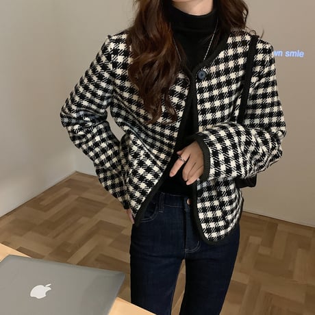 チェック柄 ショートジャケット ノーカラー 襟なし シングルブレスト 長袖 ルーズ レトロ 韓国ファッション レディース 大人可愛い ガーリ DTC-657458574513