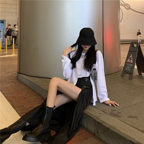 2点セット 不規則 Tシャツ 長袖 ＋ ロングスカート スリット バックル 韓国ファッション レディース セットアップ Tシャツ スカート 大人可愛い ガーリー DTC-626234293153
