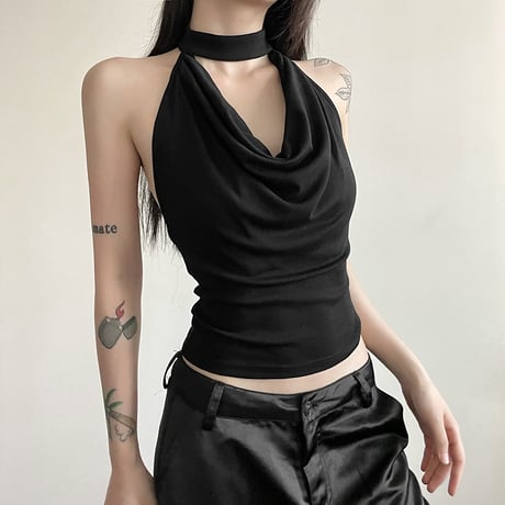 オープンバック ノースリーブ トップス ホルターネック タンクトップ バックオープン バックレス 背中開き tシャツ スリムフィット レトロ 大人可愛い ガーリー DTCA-888244191236