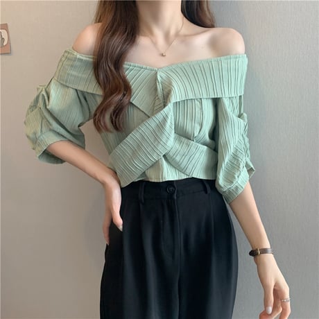2way ブラウス Vネック オフショルダー 半袖 薄手 無地 韓国ファッション レディース トップス 大人可愛い ガーリー DTC-650101350711