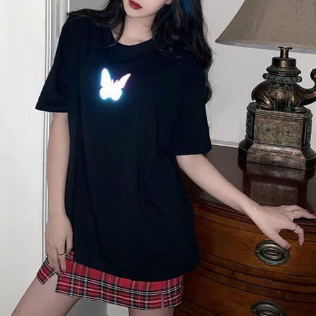 ユニセックス Tシャツ 反射光 バタフライ 半袖 ルーズ 韓国ファッション メンズ レディース トップス 大きめ カジュアル ストリートファッション DTC-617478923344