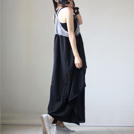 異素材 ドッキング サロペット ノースリーブ ジャンパースカート デニム 切り替え ワンピース マキシ丈 ルーズ レトロ 大人可愛い ガーリー カジュアル DTCA-545201648217