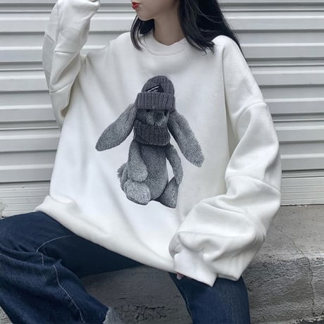 トレーナー うさぎ ラビット スウェット 厚手 オーバーサイズ 長袖 ゆったり レトロ 韓国ファッション レディース 大人可愛い ガーリー カジュアル DTC-659139065147