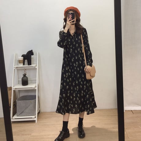 レディース ニットベスト ワンピース 2点セット 長袖ワンピース vネックニットベスト ロング丈 秋 冬 韓国 韓国ファッション (DTC-585403029763)