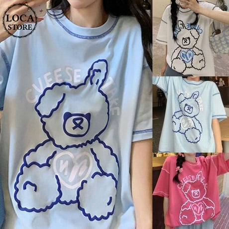 Tシャツ 半袖 クマちゃん ベアー ラウンドネック オーバーサイズ 韓国ファッション レディース 大きめ カジュアル ストリートファッション DTC-643069916522