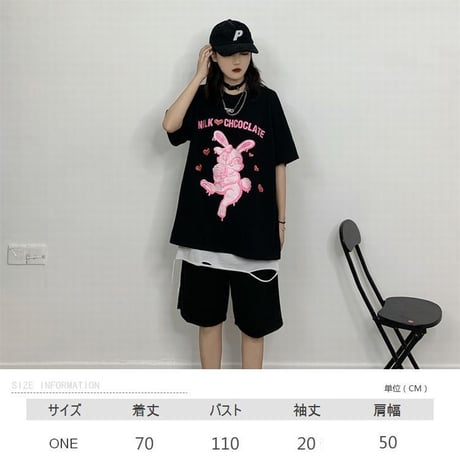 ユニセックス Tシャツ 半袖 メンズ レディース ラウンドネック うさぎ ラビット プリント オーバーサイズ 大きいサイズ ルーズ ストリート TBN-616203345862