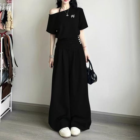 セットアップ 上下セット スウェット オフショルダー tシャツ トップス ワイドパンツ ハイウエスト オフショル レトロ 大人可愛い ガーリー カジュアル DTCA-920359912258