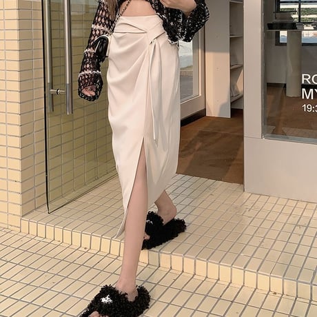 スリットスカート ウエストボウタイ ハイウエスト ロングスカート タイトスカート ロング丈 スリット レトロ 韓国ファッション レディース 大人可愛い ガーリー DTC-707076496391