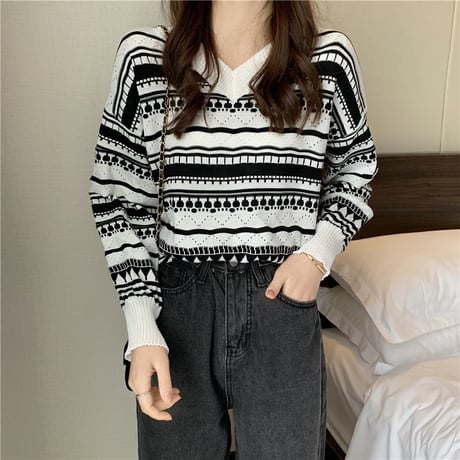 ニットセーター ジャカード Vネック ショート丈 長袖 ルーズ レトロ 韓国ファッション レディース 大人可愛い ガーリー DTC-658384210039