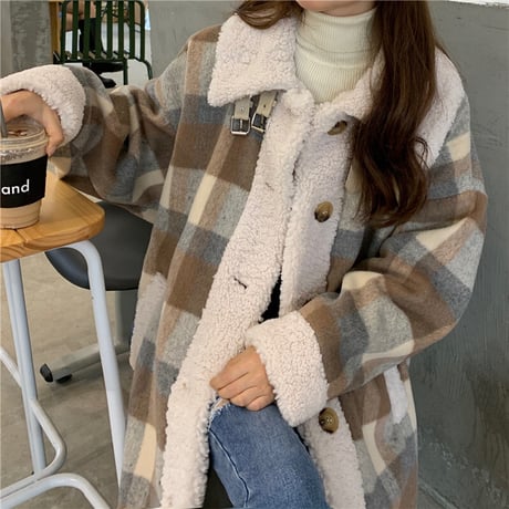 チェック柄 ボアコート ラムウール 韓国ファッション レディース コート 切り替え 折り襟 キルティング フロントボタン シングルブレスト 大人可愛い ガーリー DTC-630519392038