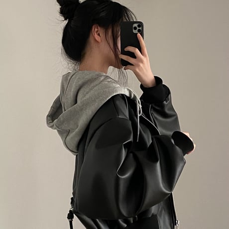 PU フード付き レザーブルゾン フェイクレザー ジップアップ アウター ブルゾン ジャンパー PUレザー オーバーサイズ ゆったり レトロ カジュアル DTCA-848636566389