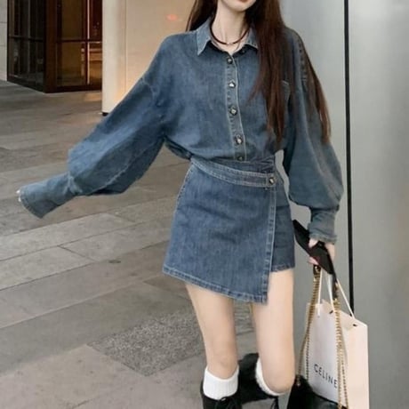 セットアップ 上下セット デニムシャツ デニムスカパン アシンメトリー アシメ ショートパンツ ハイウエスト 長袖 ルーズ レトロ 大人可愛い ガーリー カジュアル DTC-742722493272