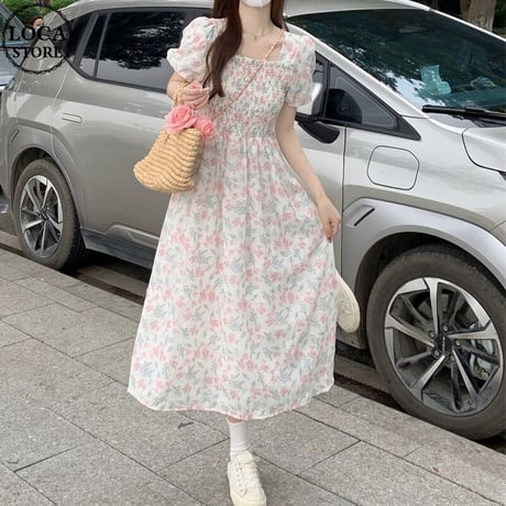 花柄ワンピース スクエアネック 半袖 パフスリーブ ギャザー ハイウエスト Aライン レトロ 韓国ファッション レディース 大人可愛い ガーリー フェミニン DTC-716327086684