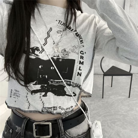 ロンT アシンメトリー ショート丈 スリムフィット 不規則デザイン アシメ tシャツ トップス 長袖 レトロ 大人可愛い ガーリー サブカル系 カジュアル DTCA-655976986014