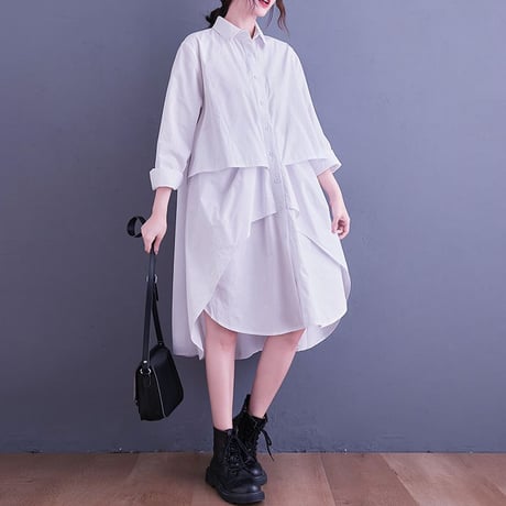 シャツワンピース ロングシャツ シャツ ワンピース アシンメトリー 不規則デザイン ルーズ 長袖 レトロ 韓国ファッション レディース 大人可愛い ガーリー DTC-634484580166