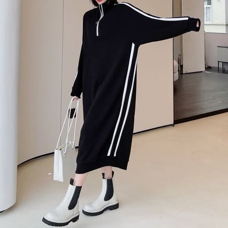 ハーフジップ ワンピース サイドライン ハイネック ロング丈 スウェット ゆったりウエスト レトロ 韓国ファッション レディース 大人可愛い ガーリー カジュアル DTCA-829151967555