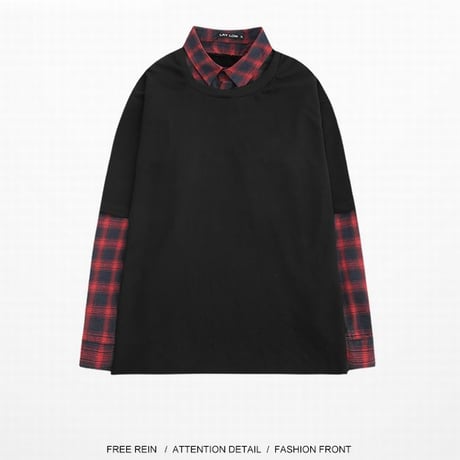 ユニセックス メンズ レディース カットソー レイヤード風 Tシャツ チェック柄シャツ ネルシャツ ドッキング オーバーサイズ オルチャン 韓国 韓国ファッション (DTC-583286459353)