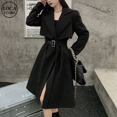 ツーピース ロングコート ＋ ベスト ベルト付き ウール ロング丈 韓国ファッション レディース コート アウター 大人可愛い フォーマル ガーリー DTC-630171040843