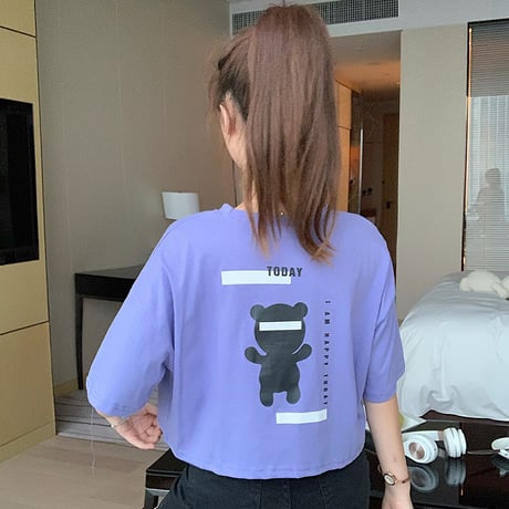 クマちゃん Tシャツ 半袖 ショート丈 韓国ファッション レディース ベアー ホワイト パープル シンプル カットソー ラウンドネック かわいい カジュアル ガーリー 619320885563