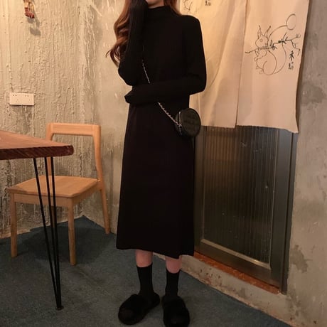 【ワンピース】 ニットワンピース ハイウエスト 長袖 韓国ファッション レディース タートルネック レトロ かわいい ガーリー 627406052202