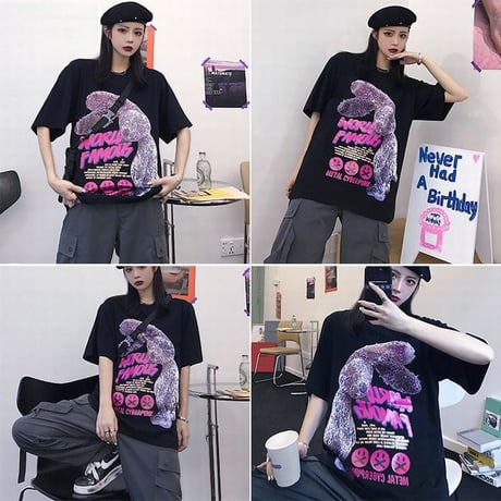 ユニセックス Tシャツ 半袖 メンズ レディース ラウンドネック ラビット うさぎ スマイリー プリント オーバーサイズ 大きいサイズ ルーズ ストリート TBN-621606200602