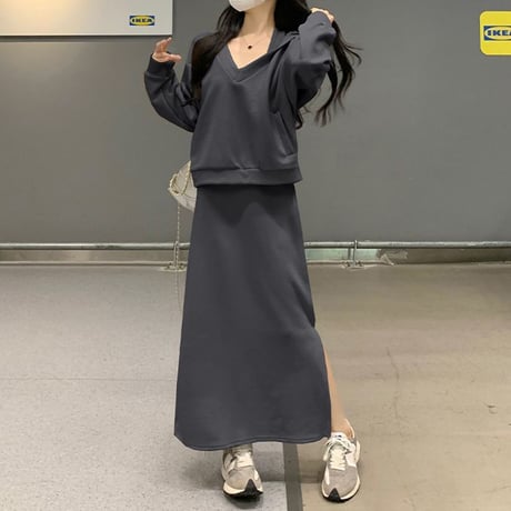 セットアップ 2点セット プルオーバー パーカー ホルターワンピース 長袖 ノースリーブ レトロ 大人可愛い ガーリー カジュアル DTCA-753387214965