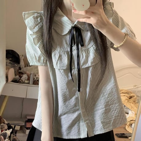 ストライプ柄 ブラウス ヨークフリル シャツ リボン パフスリーブ トップス かわいい 半袖 ルーズ レトロ 大人可愛い ガーリー フェミニン DTCA-898551864662