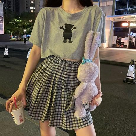 クロップドTシャツ クマ ベアー プリント 半袖 クロップド丈 ラウンドネック 韓国ファッション レディーストップス ショート丈 大人可愛い ガーリー DTC-619171525060