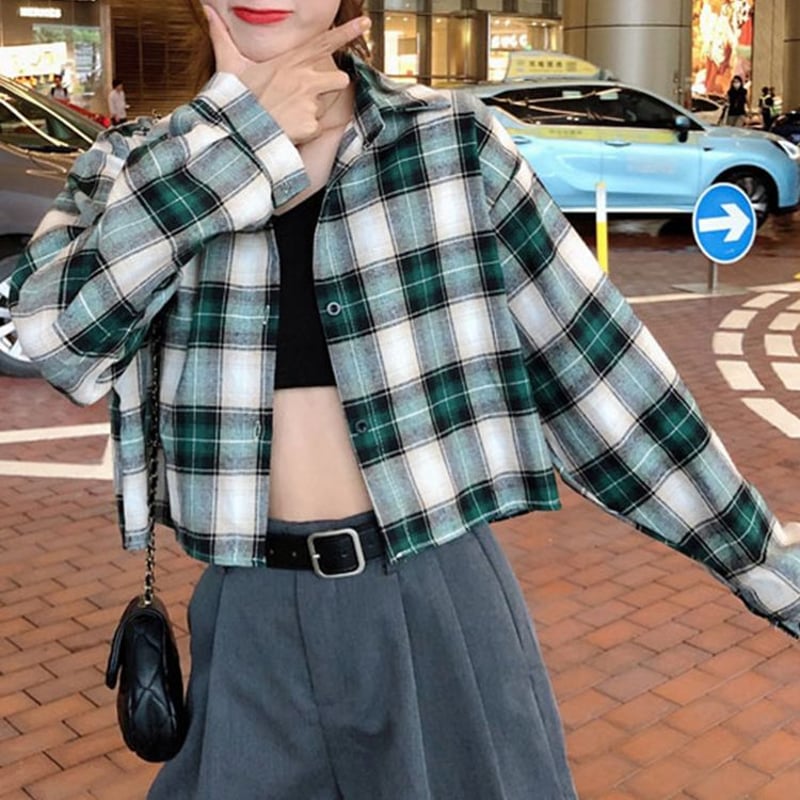 チェック柄 ネルシャツ クロップド丈 ショート丈 ショートシャツ