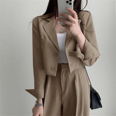 セットアップ 2点セット ショートジャケット ワイドパンツ ショート丈 テーラードジャケット タックパンツ パンツスーツ 長袖 レトロ 大人可愛い DTCA-740940979194