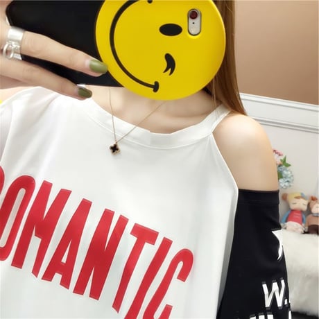 レディース 肩開き 肩出し バイカラー Tシャツ ゆったり 半袖 チュニック オフショルダー 韓国ファッション オルチャン (DCT-586776858110)