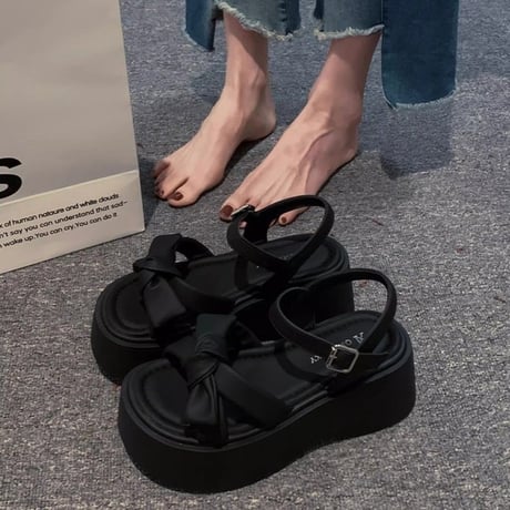 リボン 厚底サンダル 22.5～25.0cm 厚底ソール アンクルストラップ ボリュームソール 厚底 美脚 キュート 痛くない かわいい 靴 歩きやすい おしゃれ DTCA-906281985747