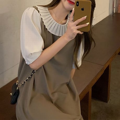 フェイクレイヤード ワンピース ラッフルカラー ルーズウエスト パフ袖 韓国ファッション レディース ドッキングワンピース 半袖 大人可愛い ガーリーDTC-650140231486)
