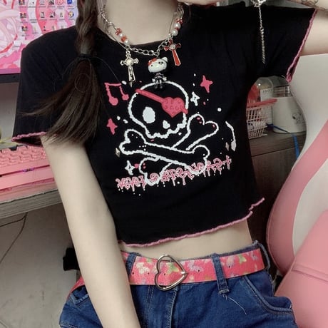 【2カラー】 Tシャツ メローロック ドクロ スカル クロップド丈 ショート丈 へそ出し 半袖 韓国ファッション レディース 大人可愛い ガーリー カジュアル DTC-644035797272