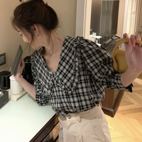 チェック柄 ブラウス 大きい襟 パフスリーブ 七分袖 レトロ 韓国ファッション レディース 大人可愛い ガーリー フェミニン DTC-676701201593
