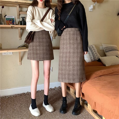 【2点セット】 ミニスカート ＋ ロングスカート 韓国ファッション レディース スカート ブラウン チェック柄 ハイウエスト タイトスカート ウール レトロ (DTC-605623602308_02)